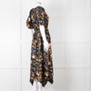 Ulla Johnson Black Yellow Pink Floral Puffed Sleeves Silk Dress
