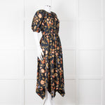 Ulla Johnson Black Yellow Pink Floral Puffed Sleeves Silk Dress