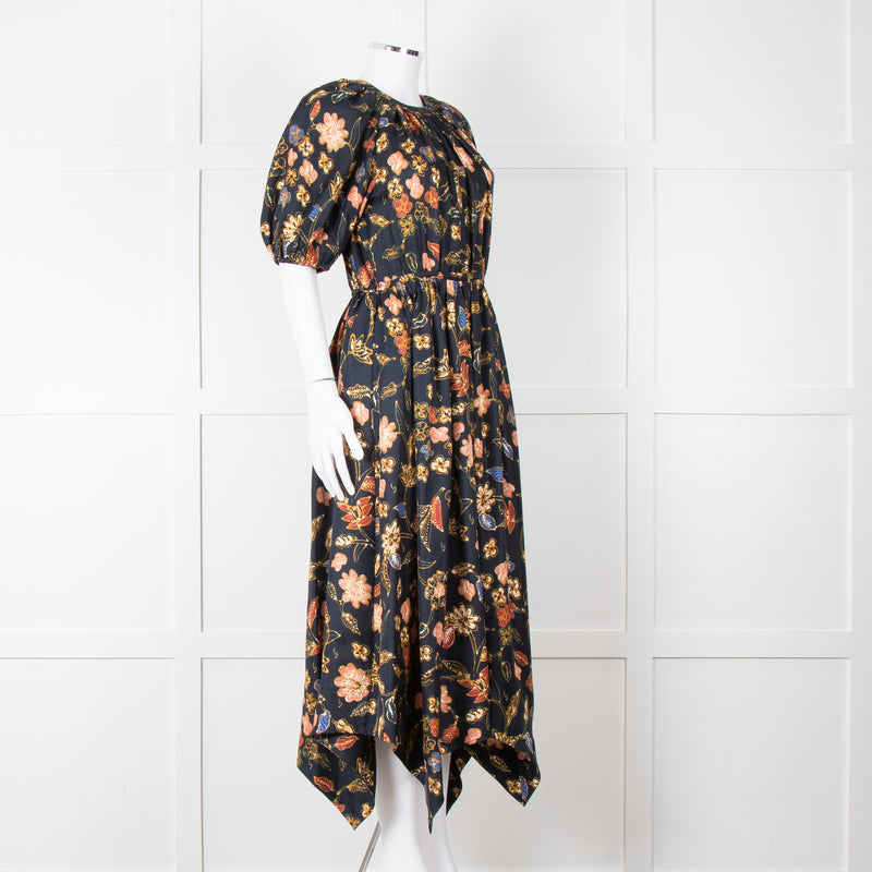 Ulla Johnson Black Yellow Pink Floral Puffed Sleeves Silk Dress