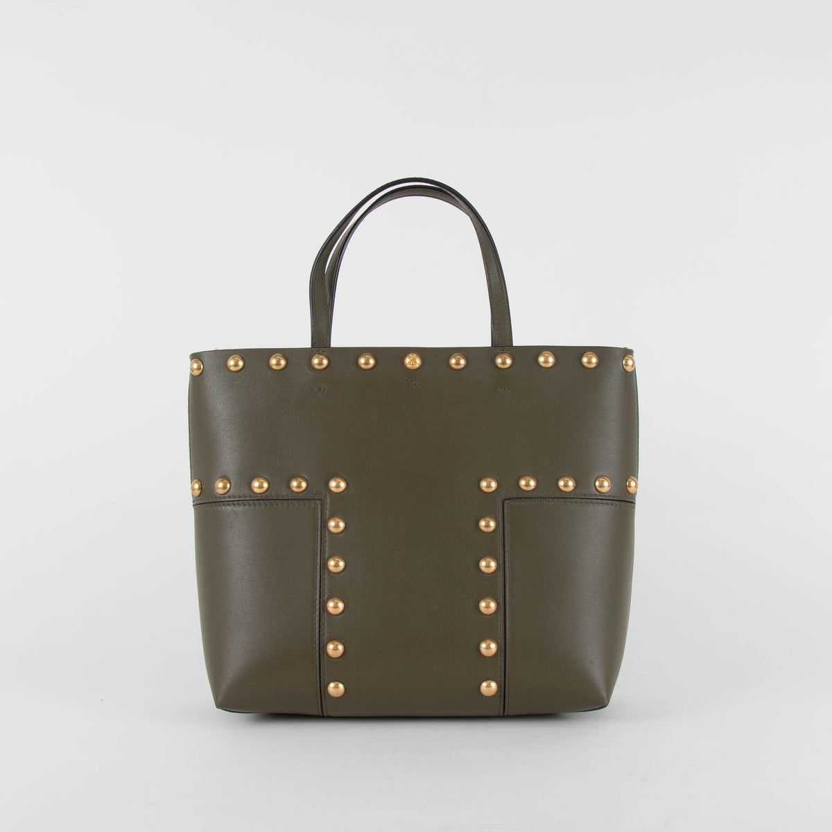 Tory Burch Khaki T Studded Leather Tote Bag