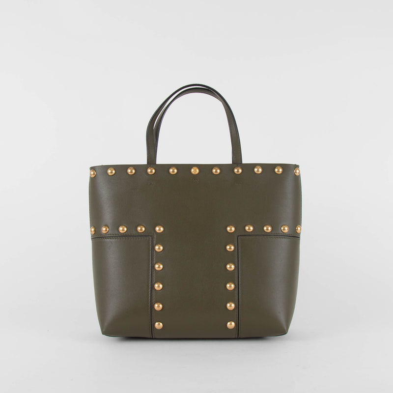 Tory Burch Khaki T Studded Leather Tote Bag