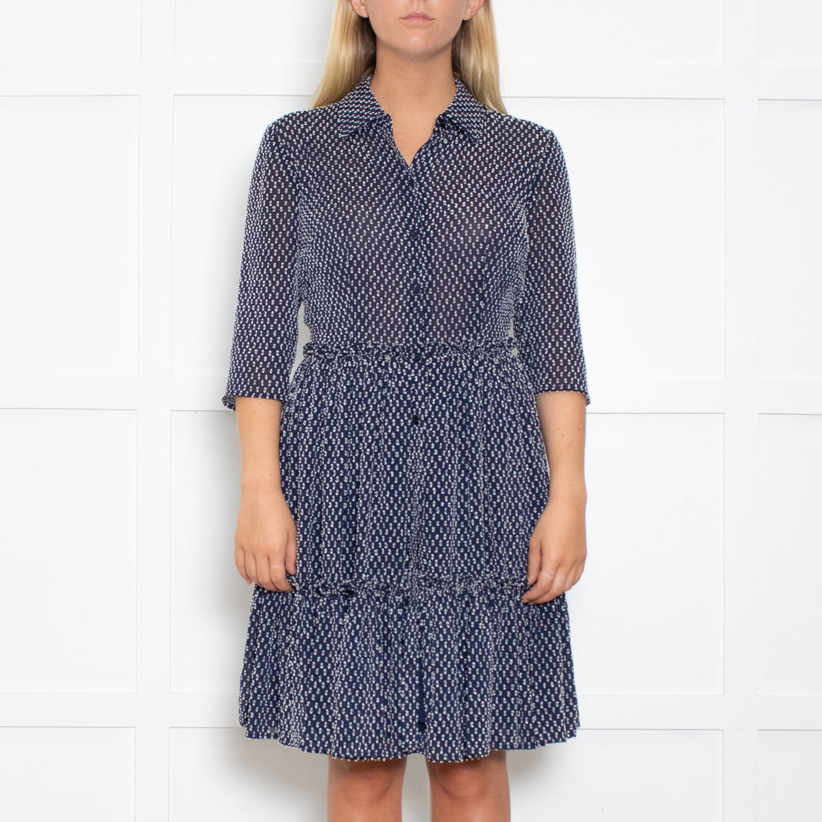 Claudie Pierlot Navy And White Small Print Tiered Dress