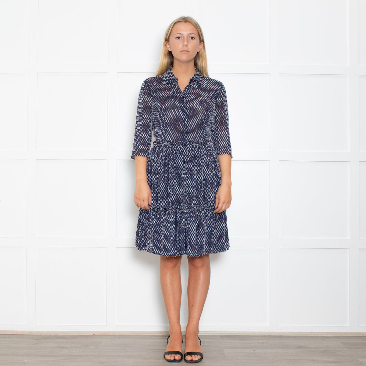 Claudie Pierlot Navy And White Small Print Tiered Dress