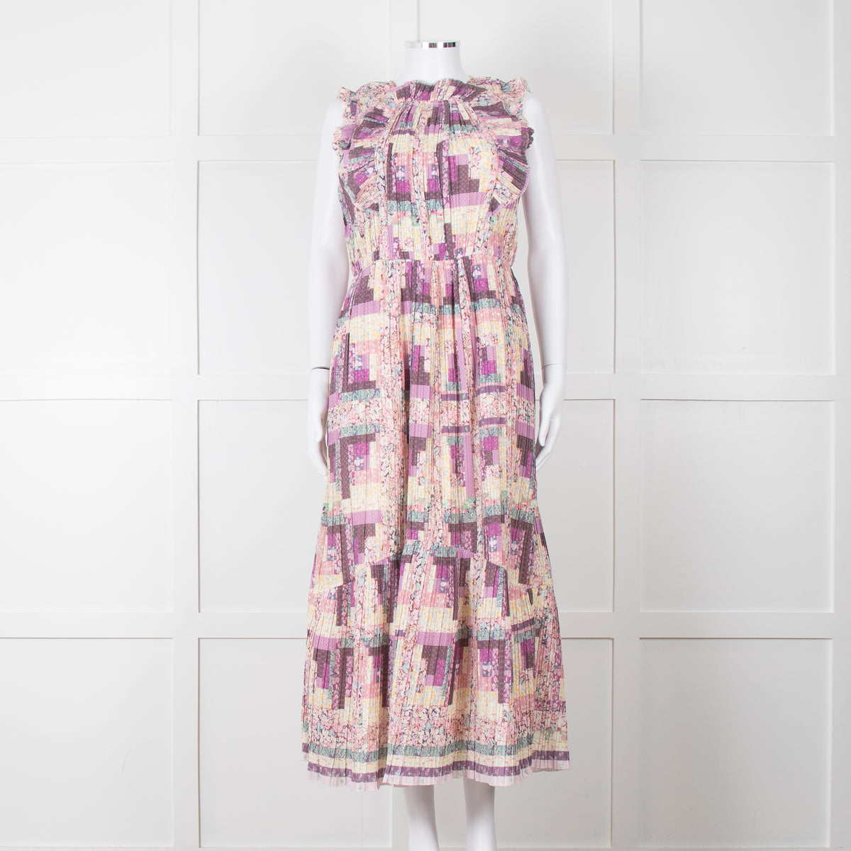 Sea New York Multi Floral Pleated Frill Detail Cotton Maxi Dress