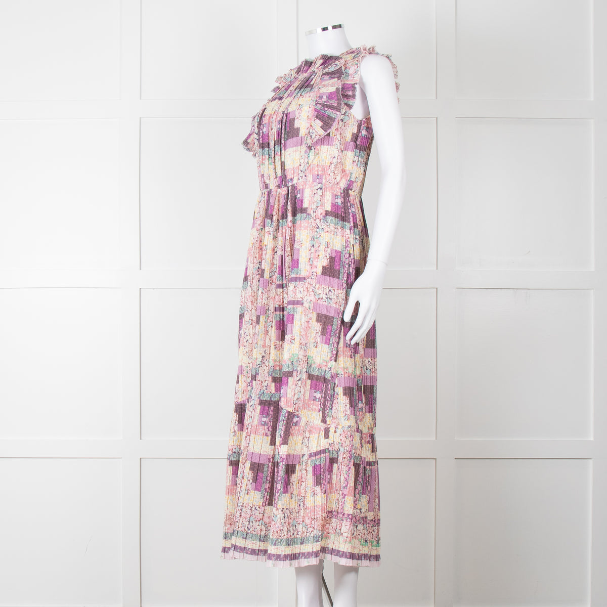 Sea New York Multi Floral Pleated Frill Detail Cotton Maxi Dress