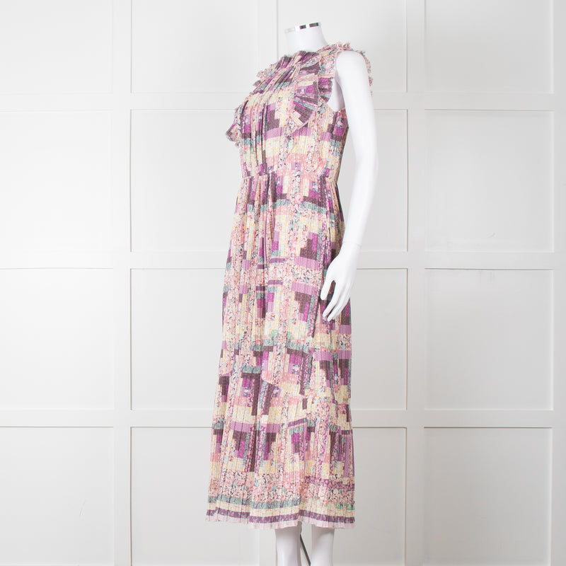 Sea New York Multi Floral Pleated Frill Detail Cotton Maxi Dress