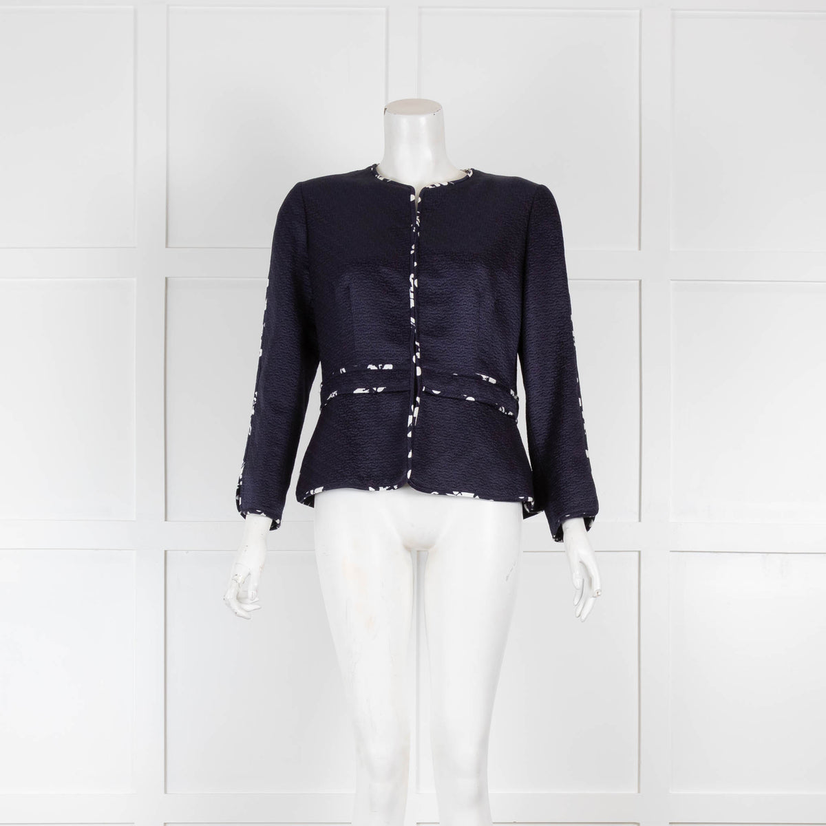 Carolina Herrera Navy Jacket with Peplum and Patterned Edges