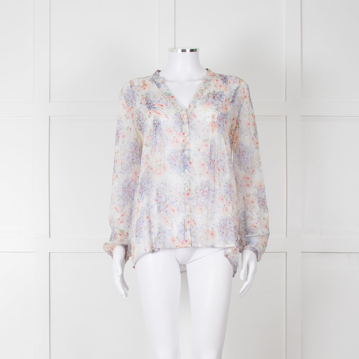 Joie Cream Pink Blue Pleats Detail Silk Top