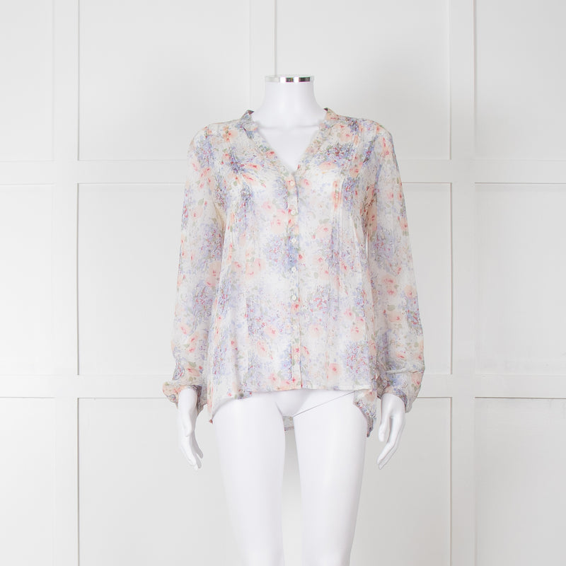 Joie Cream Pink Blue Pleats Detail Silk Top