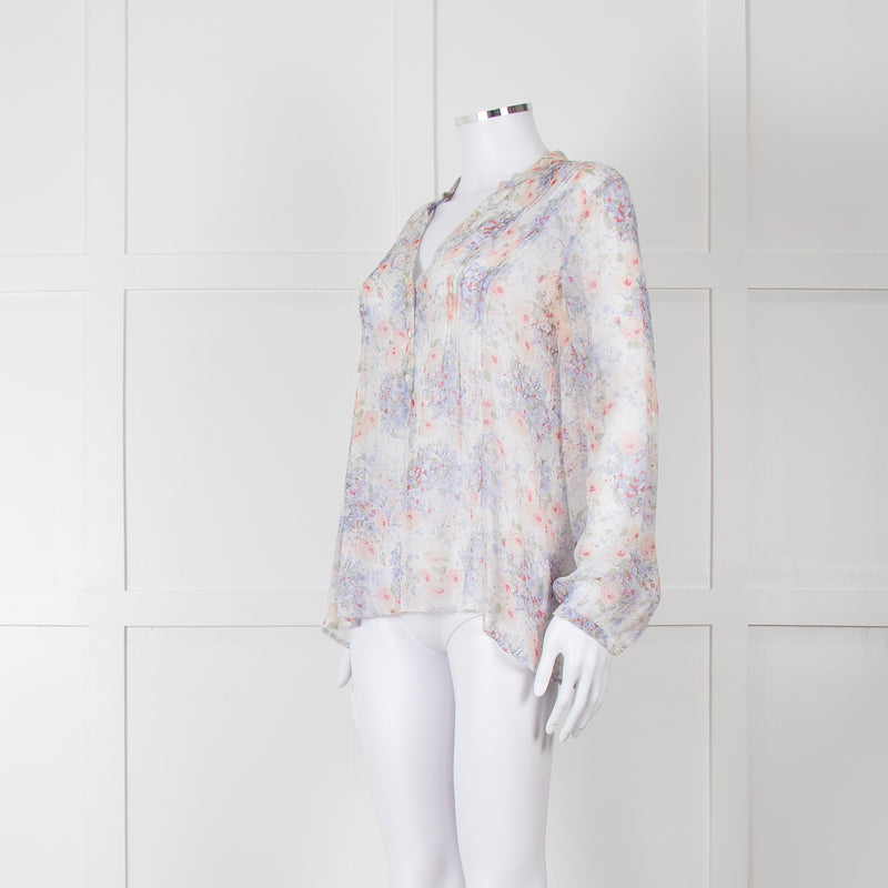 Joie Cream Pink Blue Pleats Detail Silk Top