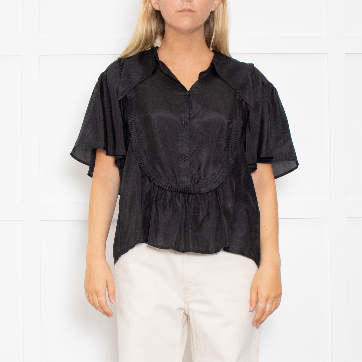 Munthe Black Silk Top With Exaggerated Collar And Pleated Bib Front