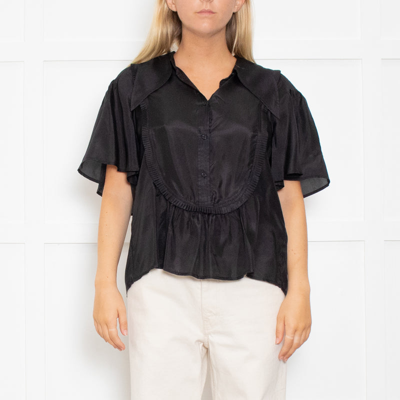 Munthe Black Silk Top With Exaggerated Collar And Pleated Bib Front