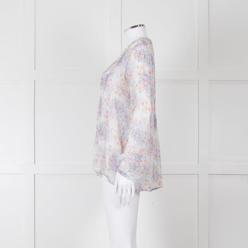 Joie Cream Pink Blue Pleats Detail Silk Top