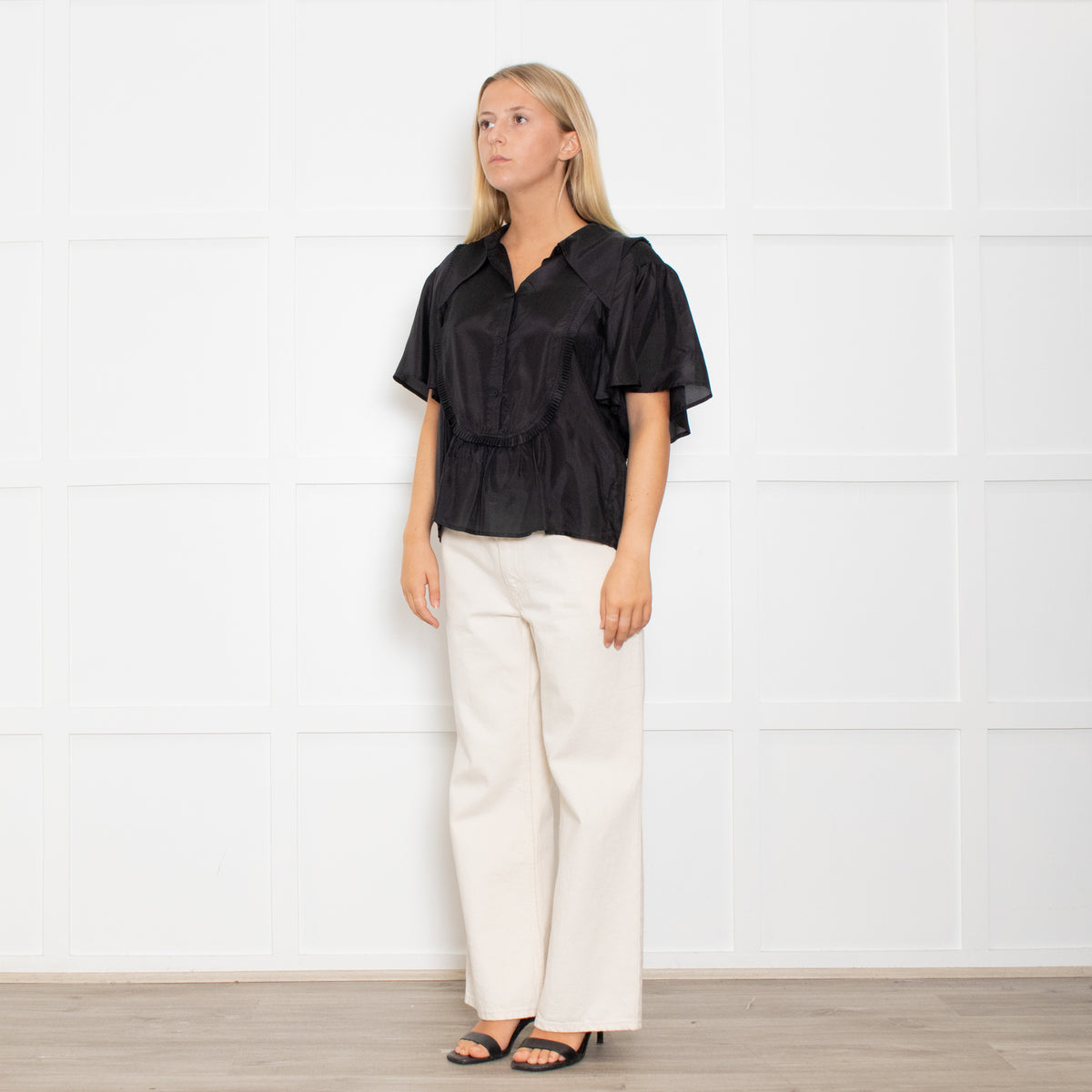 Munthe Black Silk Top With Exaggerated Collar And Pleated Bib Front