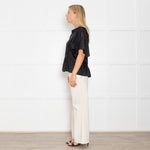 Munthe Black Silk Top With Exaggerated Collar And Pleated Bib Front