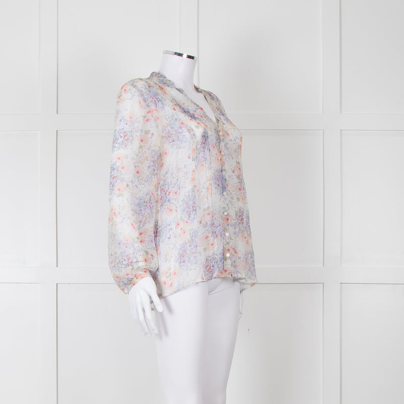 Joie Cream Pink Blue Pleats Detail Silk Top