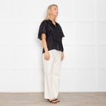 Munthe Black Silk Top With Exaggerated Collar And Pleated Bib Front
