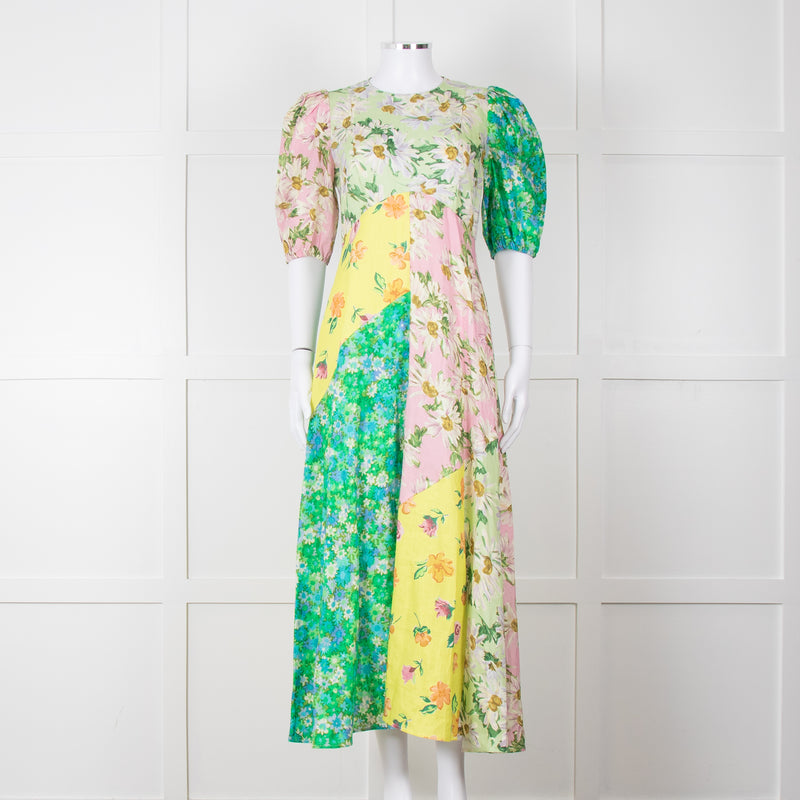 Alemais Green Yellow Pink Floral Puff Sleeve Linen Maxi Dress