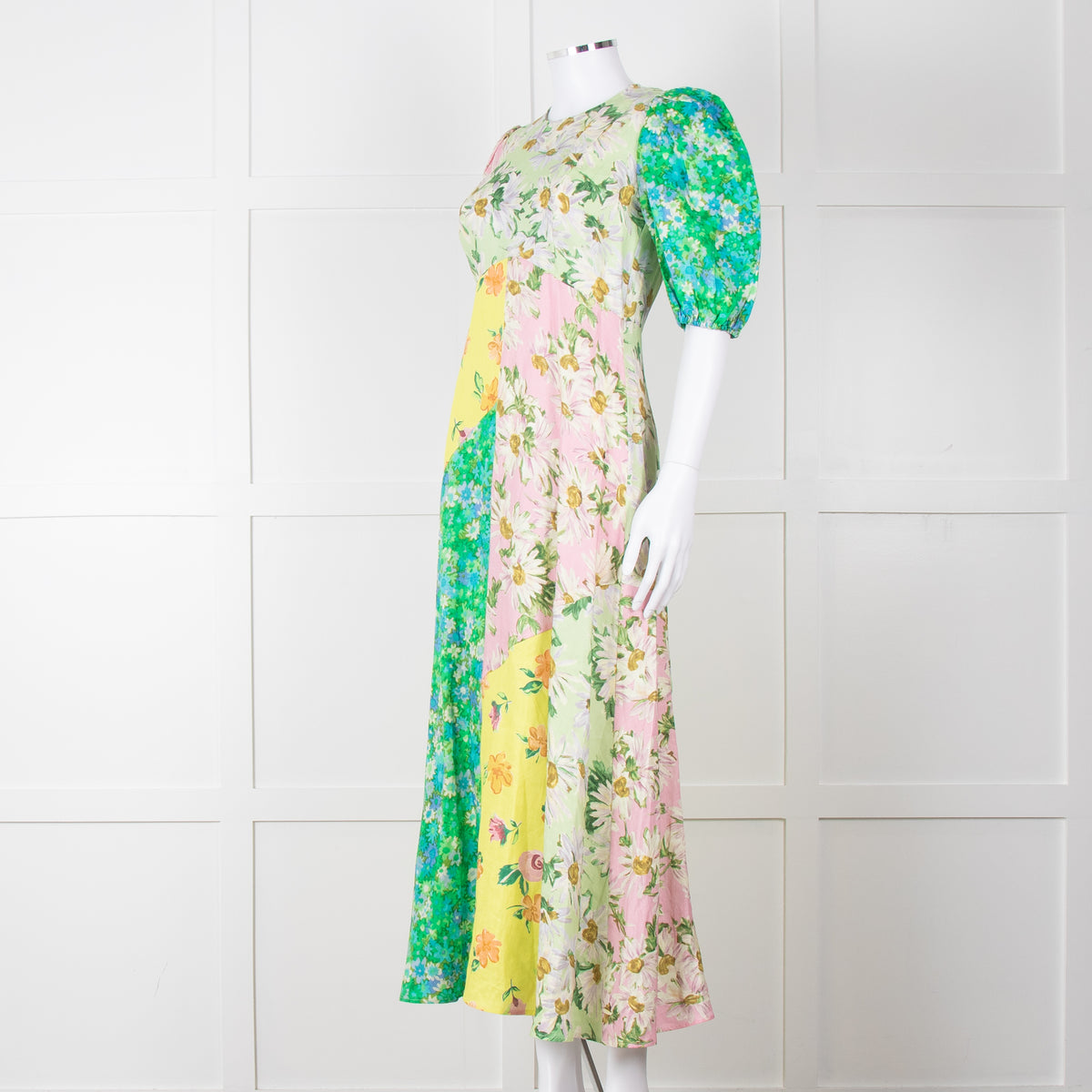 Alemais Green Yellow Pink Floral Puff Sleeve Linen Maxi Dress