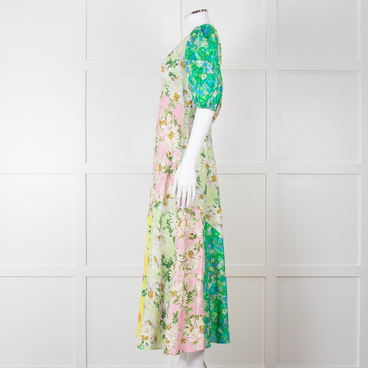 Alemais Green Yellow Pink Floral Puff Sleeve Linen Maxi Dress