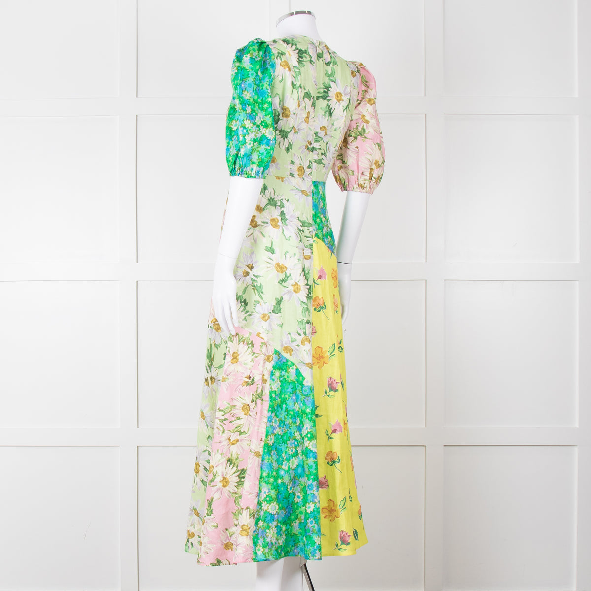 Alemais Green Yellow Pink Floral Puff Sleeve Linen Maxi Dress