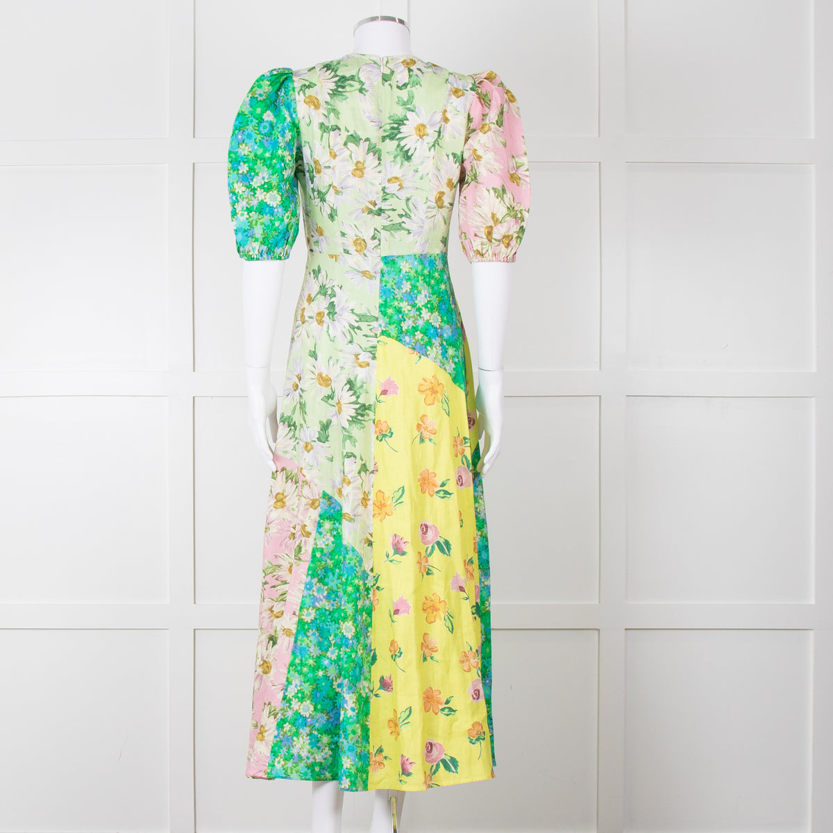 Alemais Green Yellow Pink Floral Puff Sleeve Linen Maxi Dress