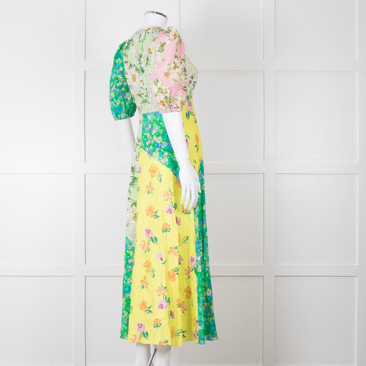 Alemais Green Yellow Pink Floral Puff Sleeve Linen Maxi Dress