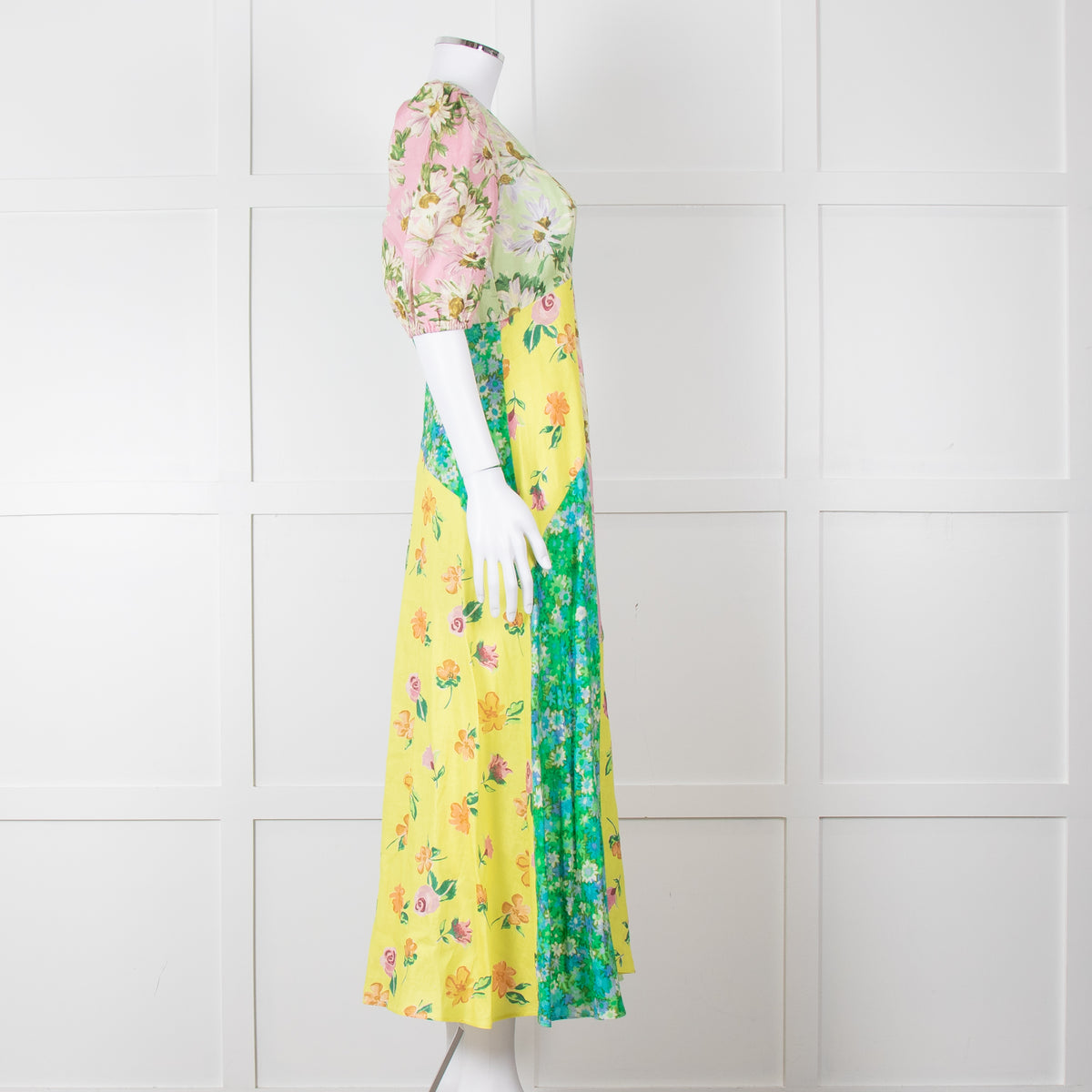 Alemais Green Yellow Pink Floral Puff Sleeve Linen Maxi Dress