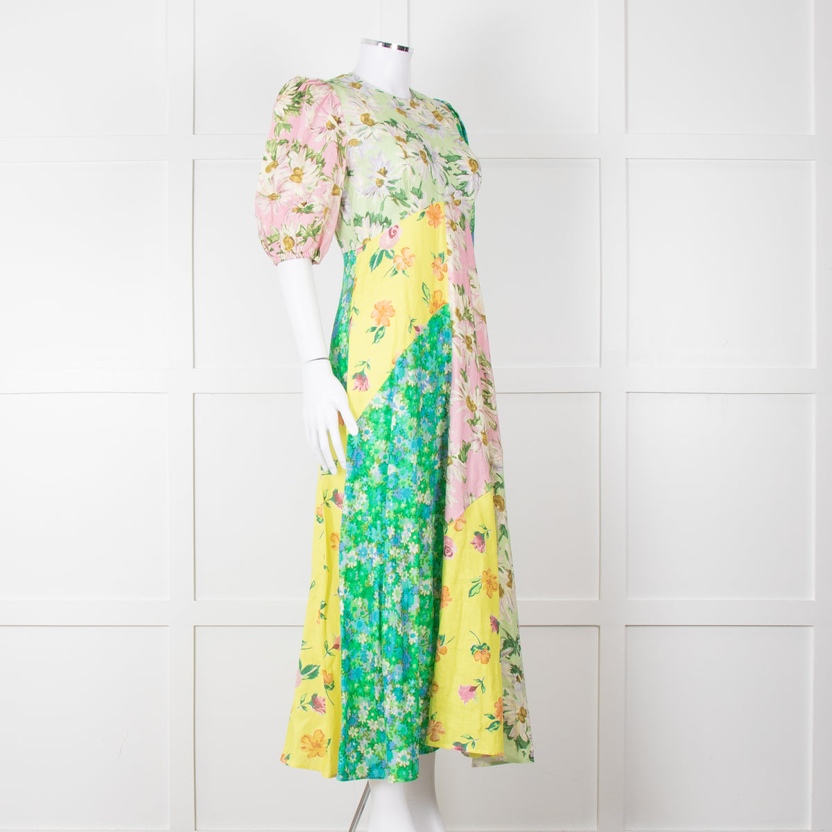 Alemais Green Yellow Pink Floral Puff Sleeve Linen Maxi Dress