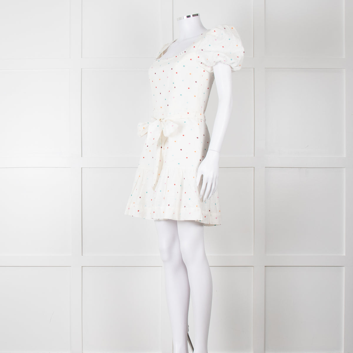 Rebecca Vallance Cream Multi Coloured Embroidered Dots Cotton Mini Dress