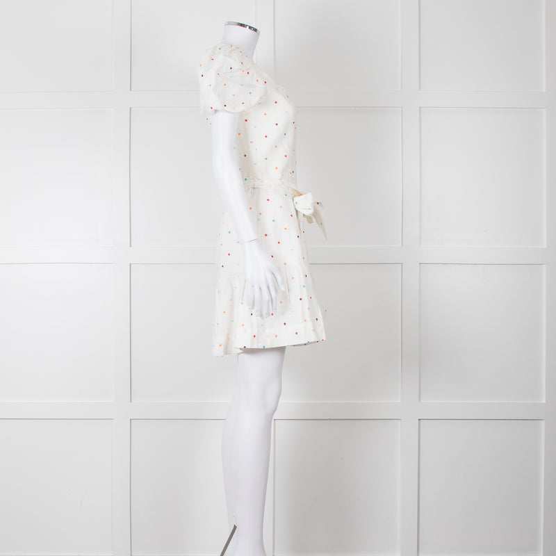 Rebecca Vallance Cream Multi Coloured Embroidered Dots Cotton Mini Dress