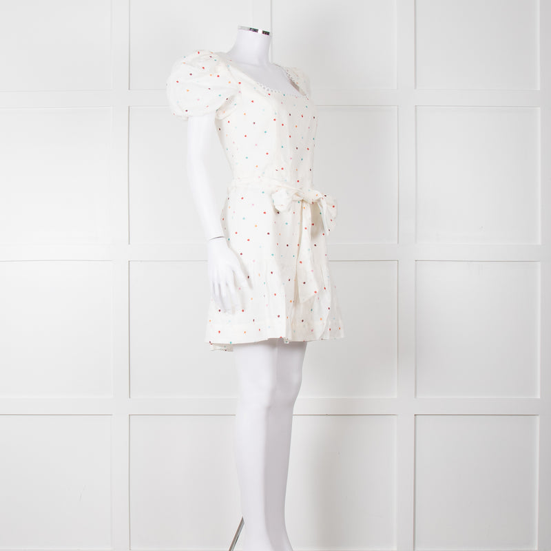Rebecca Vallance Cream Multi Coloured Embroidered Dots Cotton Mini Dress