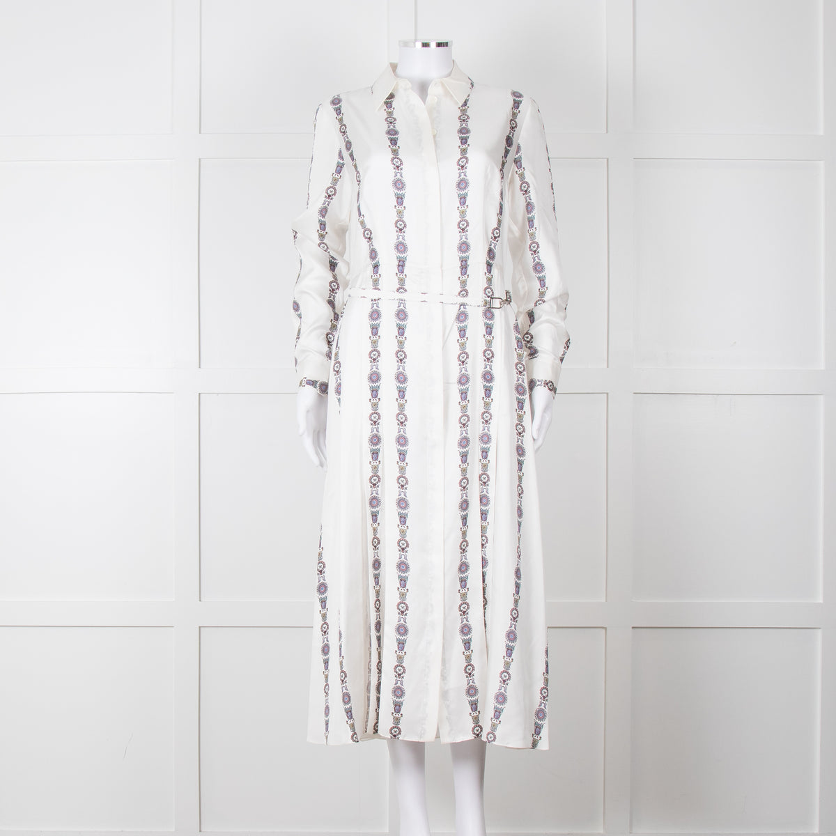 Gabriela Hearst White Blue Red Silk Pleated Sheer Panel Belted Dress