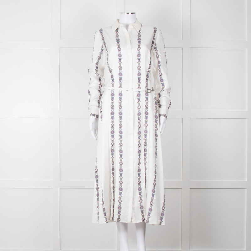 Gabriela Hearst White Blue Red Silk Pleated Sheer Panel Belted Dress