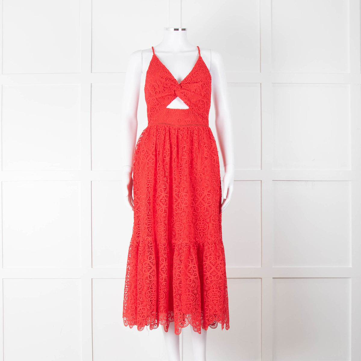 ML Monique Lhuillier Red Lace Sleeveless Midi Dress