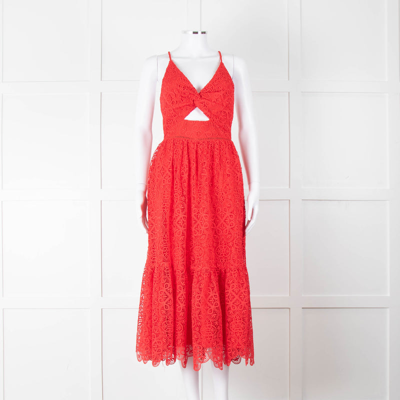 ML Monique Lhuillier Red Lace Sleeveless Midi Dress