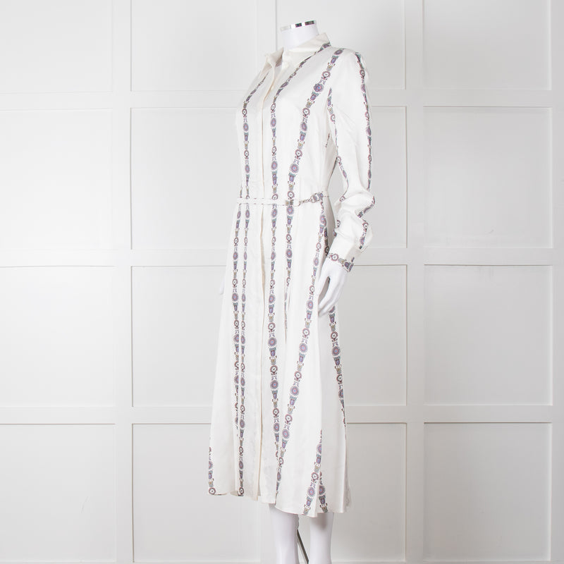 Gabriela Hearst White Blue Red Silk Pleated Sheer Panel Belted Dress