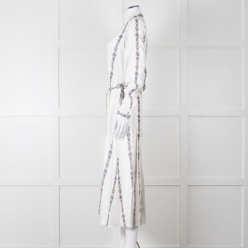 Gabriela Hearst White Blue Red Silk Pleated Sheer Panel Belted Dress