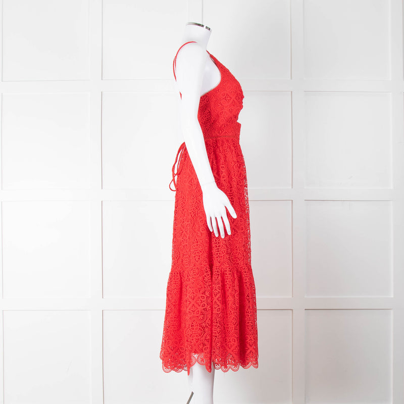 ML Monique Lhuillier Red Lace Sleeveless Midi Dress