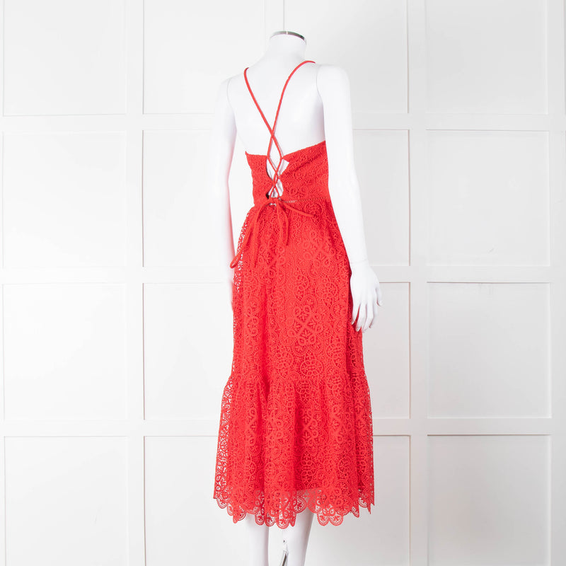 ML Monique Lhuillier Red Lace Sleeveless Midi Dress