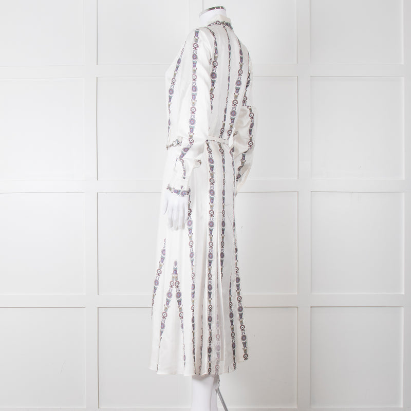 Gabriela Hearst White Blue Red Silk Pleated Sheer Panel Belted Dress