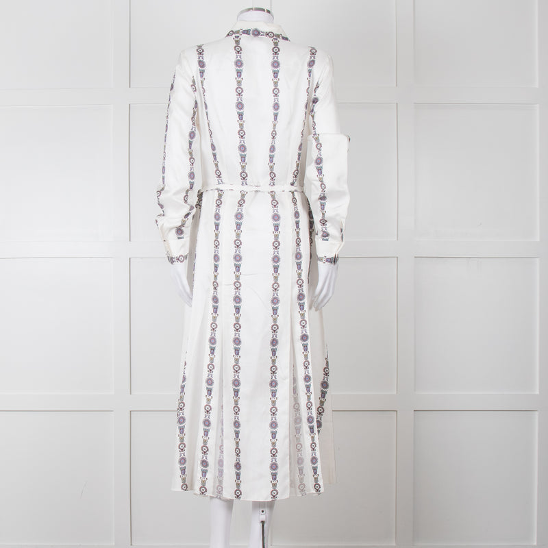 Gabriela Hearst White Blue Red Silk Pleated Sheer Panel Belted Dress