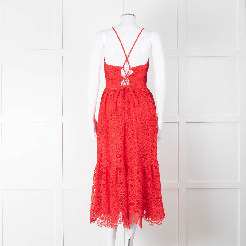 ML Monique Lhuillier Red Lace Sleeveless Midi Dress