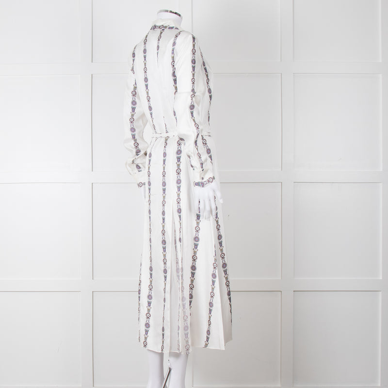 Gabriela Hearst White Blue Red Silk Pleated Sheer Panel Belted Dress