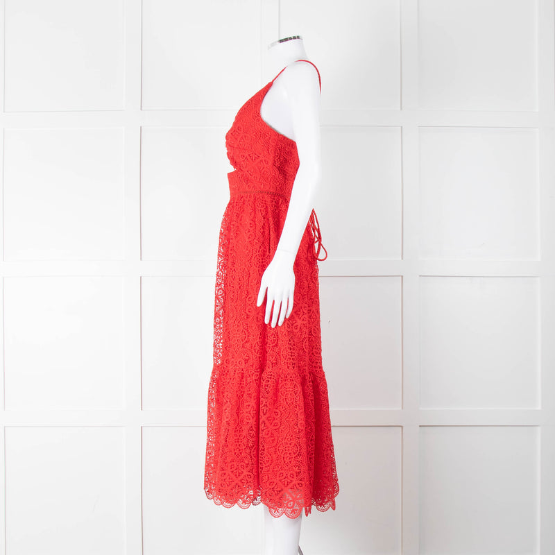 ML Monique Lhuillier Red Lace Sleeveless Midi Dress
