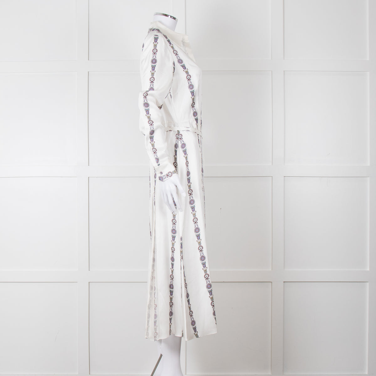 Gabriela Hearst White Blue Red Silk Pleated Sheer Panel Belted Dress