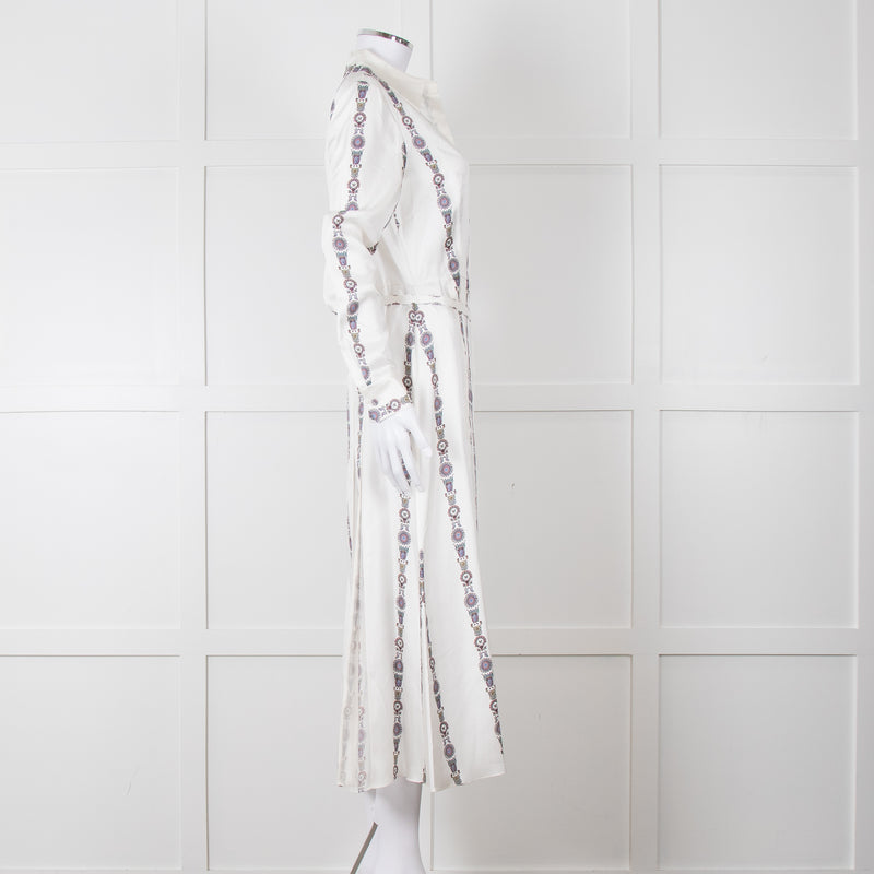 Gabriela Hearst White Blue Red Silk Pleated Sheer Panel Belted Dress