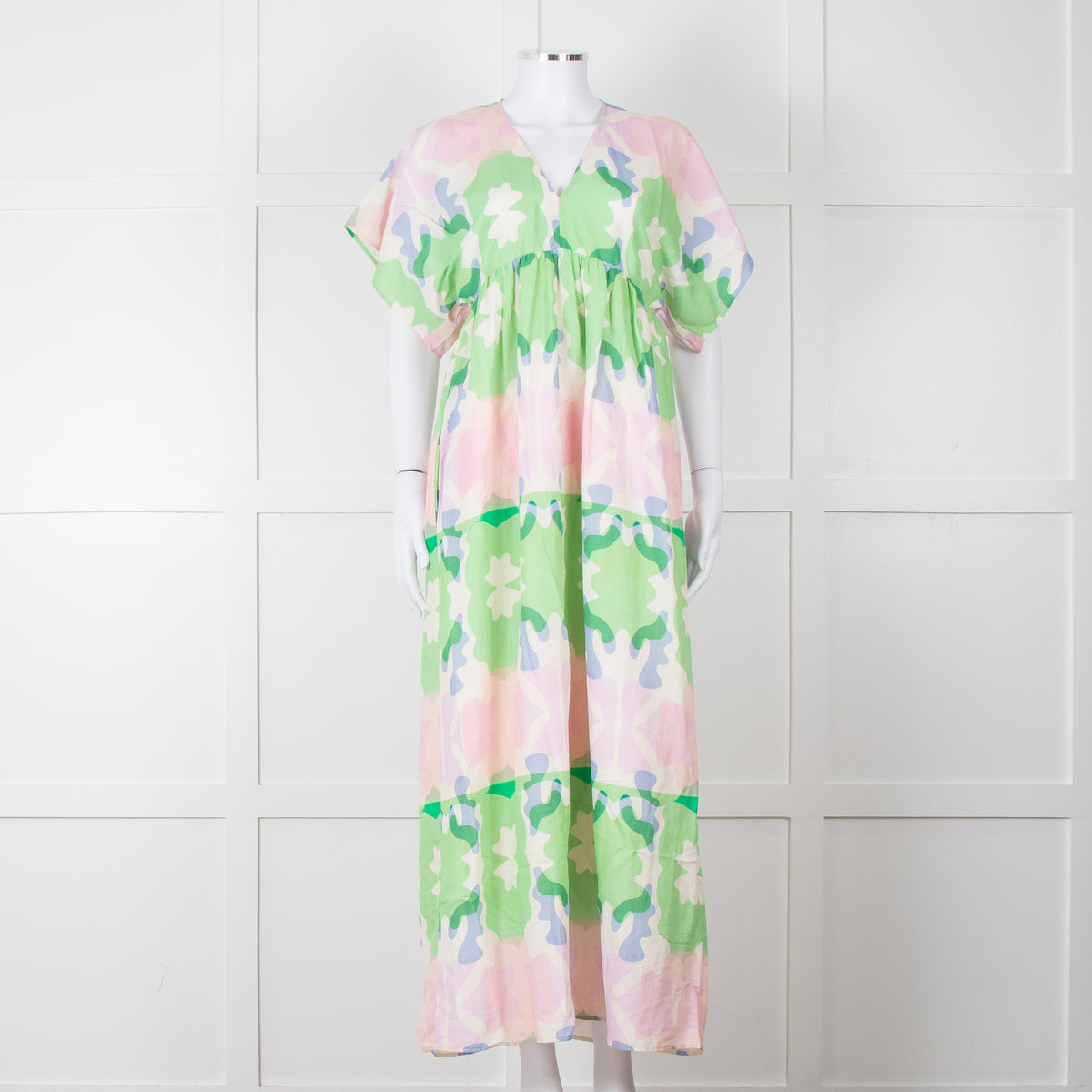 Sacrecoeur Cream Green Pink Cotton Short Sleeve Maxi Dress