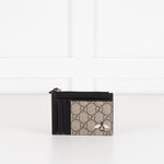 Gucci Black Leather Brown Canvas Bee Zip Wallet