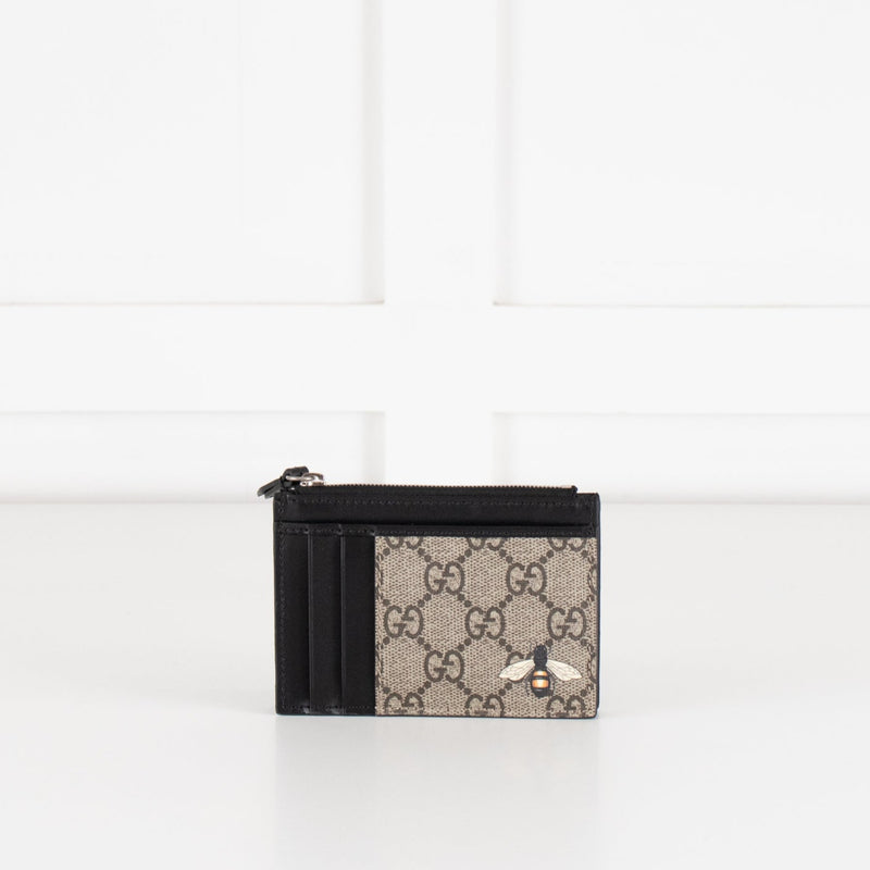 Gucci Black Leather Brown Canvas Bee Zip Wallet